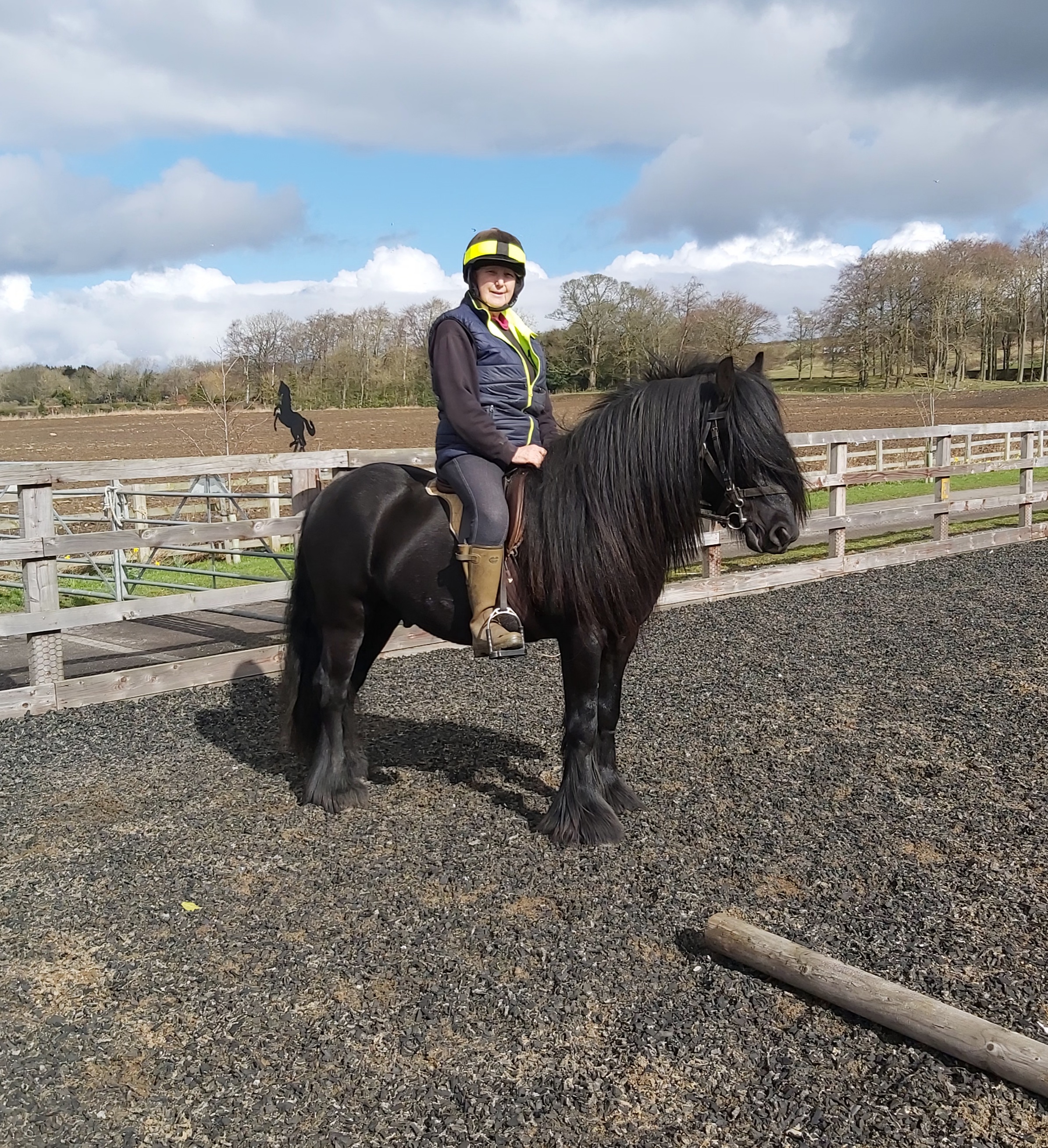 black pony with rider, in an outdoor arena